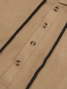 Detailed view of men's casual linen shirt placket with contrasting trim and buttons.