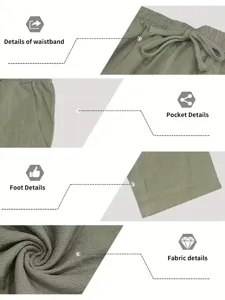 Vue détaillée du pantalon en lin décontracté avec taille élastique, poche et tissu.