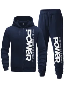 Dunkelblauer Herren Kapuzenpullover mit Reißverschluss und Jogginghose Anzug mit Buchstaben.