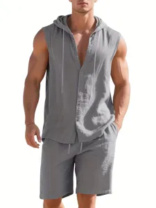 Men's linen summer two piece set loose casual hooded sleeveless shirt and shorts outfit detail view.
