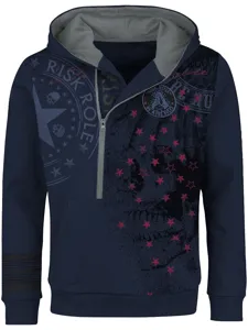 Detailed view of men's half-zip hoodie featuring skull and star graphics with ribbed cuffs.