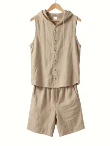Men's linen summer two-piece set, casual sleeveless hooded shirt and matching shorts.