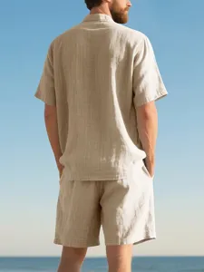 Men's casual summer short sleeve shirt and shorts set solid color lapel two piece outfit