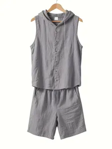 Detail view of men's linen hooded sleeveless shirt and shorts set in casual light gray style.