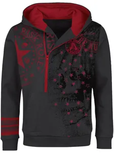 Men's half-zipper black hoodie featuring striking red skull graphics and star details.