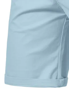 Men's summer casual shorts fabric detail shot, light blue smooth texture closeup.