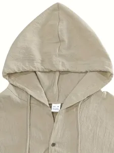 Men linen hooded sleeveless shirt detail view, breathable casual summer beach top in khaki.