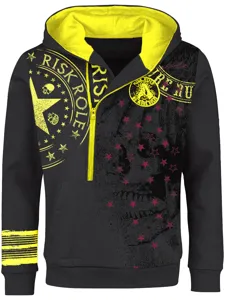 Men's black half-zip hoodie featuring yellow hood lining and bold skull streetwear prints.