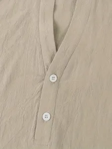 Men casual solid color short sleeve shirt button v neck detail fabric close up view