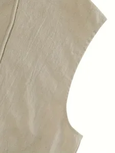 Detailed view of men's casual hooded sleeveless linen shirt in beige textured fabric.