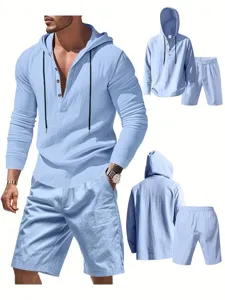 Men's Linen Hooded Long Sleeve Shirt and Shorts Set Casual Beach Summer Two Piece Outfit