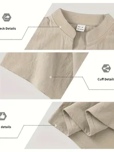 Close-up view of men's casual shirt collar, cuff, and textured fabric details for summer.