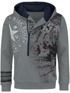 Men's half-zipper hooded sweatshirt featuring hip-hop skull and letter prints for daily wear.