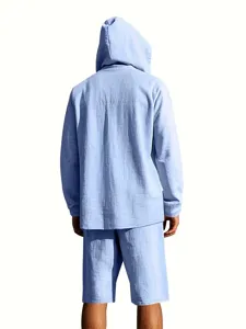 Back detail view of men light blue linen casual hooded long sleeve shirt and shorts set.
