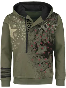 Men's army green half-zip hooded sweatshirt with cool skull and letter print details.