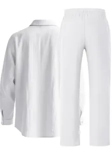 Ensemble deux pièces chemise manches longues et pantalon blanc, style quotidien.
