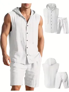 Detail view of men's white linen hooded sleeveless shirt and shorts summer two-piece set.