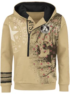 Detailed view of men's half-zip hooded sweatshirt featuring bold skull print and streetwear style.