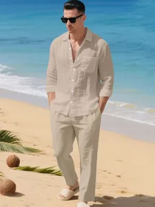 Ensemble assorti chemise manches longues et pantalon long en lin décontracté pour plage.