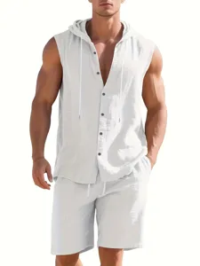 Men summer linen sleeveless hooded shirt shorts detail closeup casual beach wear breathable outfit