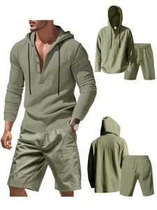 Men linen casual hoodie shorts set summer beach long sleeve hooded sportswear tracksuit outfits