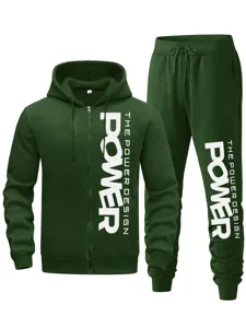 Herren lässiger grüner Kapuzenpullover und Jogginghose Set mit modischem Aufdruck Detail.