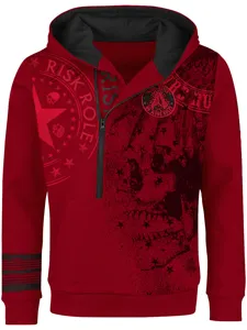 Mens casual half-zip hooded sweatshirt with skull print and hip-hop streetwear style red
