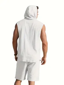 Back view detail of men's casual white linen hooded sleeveless shirt and shorts set.