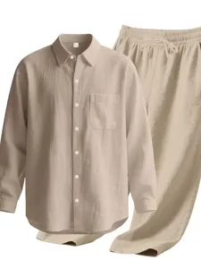 Ensemble chemise et pantalon de loisirs manches longues pour homme, tissu coton lin respirant.
