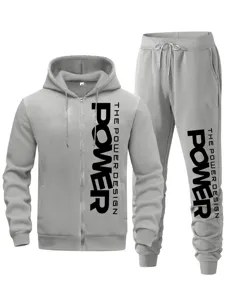 Herren grauer Kapuzenpullover mit Reißverschluss und Jogginghose Anzug mit stylischem Print.