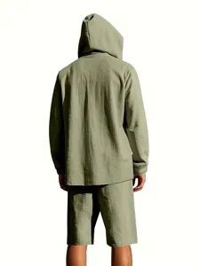 Men's casual linen hooded long sleeve shirt and shorts set, perfect for summer beach and daily wear.