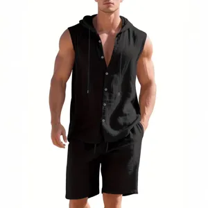 Men's Black Linen Hooded Sleeveless Shirt Shorts Set Summer Casual Two-Piece Outfit