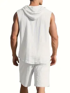 Back view detail of men's casual white sleeveless hooded top and shorts set, linen fabric texture.