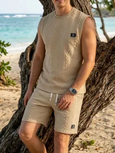 Men knit vest shorts set detail view, casual beige jacquard sleeveless beach outfit style.