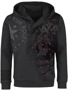 Men's black half-zip hoodie with skull and star graphics streetwear hip hop top