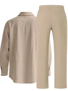 Ensemble décontracté chemise manches longues et pantalon, tissu léger et respirant, confortable.