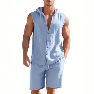 Men's linen summer two-piece set casual loose sleeveless hooded shirt and shorts beach wear