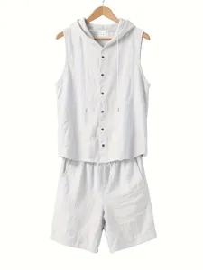 Mens casual white linen sleeveless hoodie shirt and shorts two piece summer beach set.