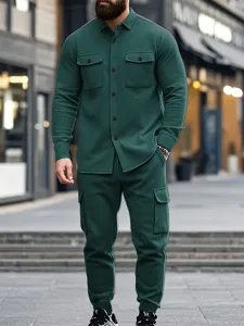 Men's heavyweight fleece-lined cargo tracksuit set outdoor lapel jacket and pants dark green