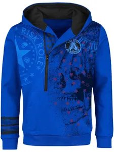 Mens blue hoodie half zipper hooded sweatshirt with skull print hip hop casual sportswear top.