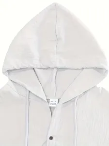 Men's linen hooded shirt detail showcasing breathable fabric, adjustable drawstrings and size M.