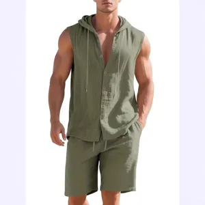 Men linen summer two piece set casual loose hooded sleeveless shirt and shorts outfit