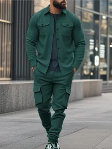 Men heavyweight fleece cargo sweatshirt set detail view, dark green lapel jacket and pants.