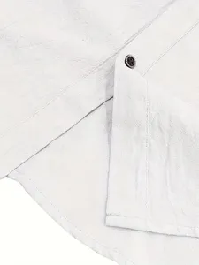 Close-up detail of white men's casual linen shirt showing fine fabric texture and button.