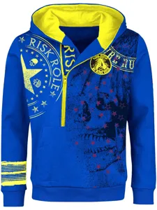 Men's Blue Hooded Half-Zip Sweatshirt with Skull Graphic Streetwear Casual Pullover