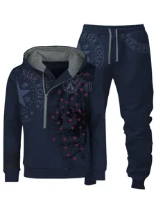 Hombres invierno casual chandal sudadera con capucha conjunto azul oscuro cremallera pantalones chic
