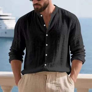 Men's long sleeve linen shirt casual loose mandarin collar button down beach top apparel