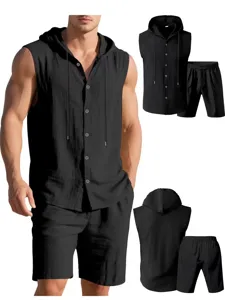Men's casual summer linen two-piece set sleeveless hooded shirt and matching shorts.