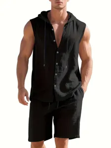 Men's casual linen summer two piece hooded sleeveless shirt and shorts outfit for men