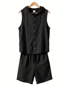 Men summer linen two piece set casual loose hooded sleeveless shirt shorts outfit detail